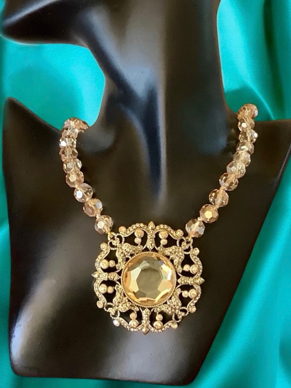 Gold Pendant Necklace with Faceted Champagne Beads & gorgeous Crystal Medallion
